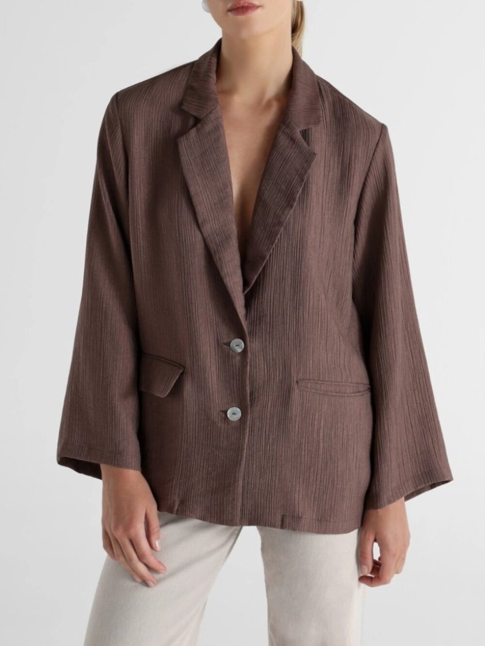 Brown Textured Lapel Oversized Blazer